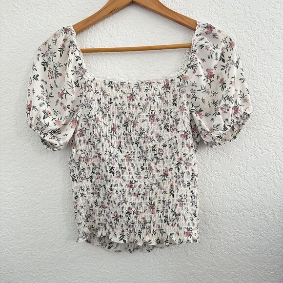 Papaya Blouse Womens M White Ditsy Floral Smocked Puff Sleeve Milkmaid Babydoll - Picture 5 of 8